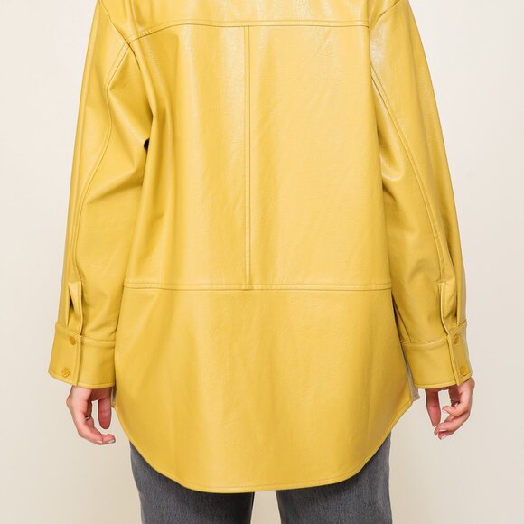 LUMIERE Mustard Faux Leather Shacket, Oversized Button Down Jacket Top - Picture 4 of 7